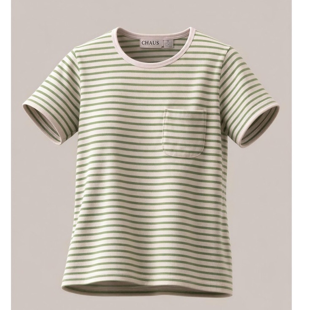 Chaus Sport T-Shirt Womens XL‎ Green & White Striped Chest Pocket Crew Neck
